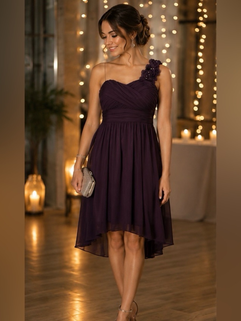 DB Studio Rich Plum One-Shoulder Hi-Low Dress | Floral Strap | M